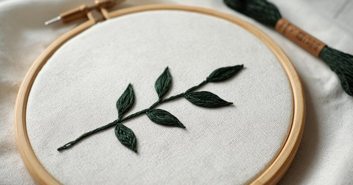 Hand embroidered green leaf branch outlined in backstitch on linen in a wooden embroidery hoop