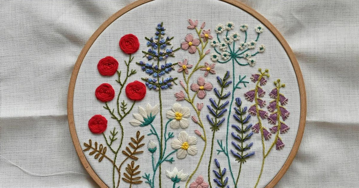 Hand embroidered wildflowers with chain stitch stems and lazy daisy petals on linen in a wooden hoop