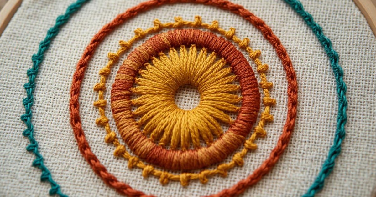 Hand-embroidered concentric circles in mustard, terracotta and teal on linen