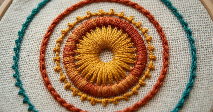 Hand-embroidered concentric circles in mustard, terracotta and teal on linen