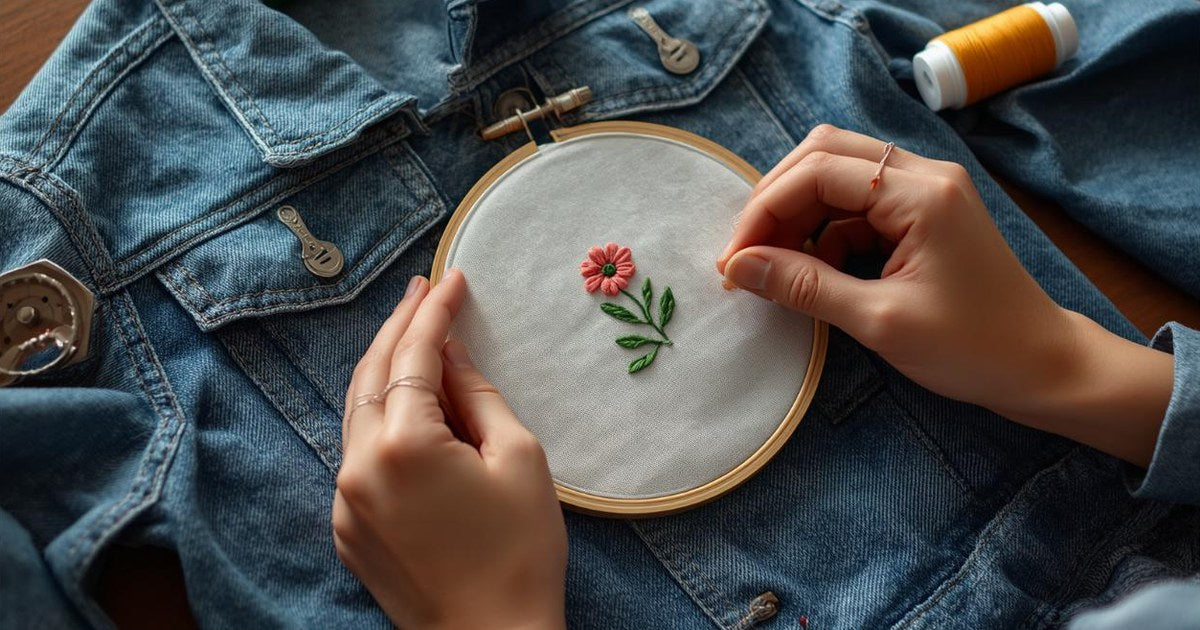 Hands embroidering a small pink flower on a denim jacket using an embroidery hoop