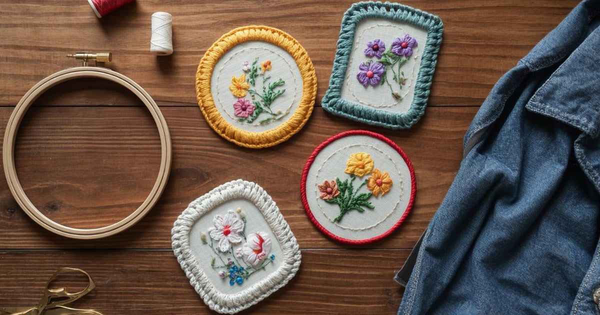 Handmade embroidered patches with satin stitch borders next to an embroidery hoop and denim jacket