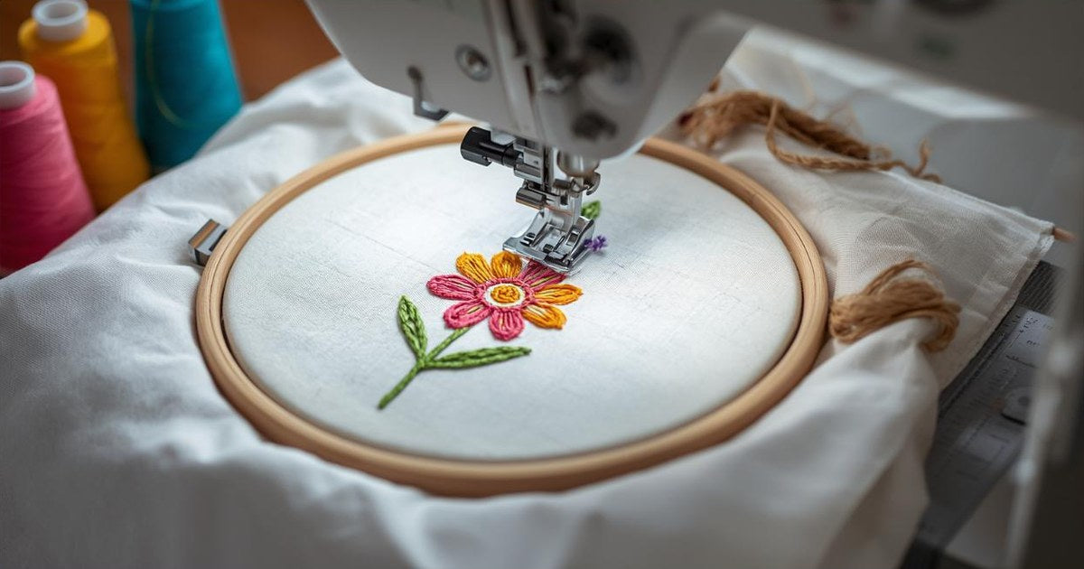 Home embroidery machine stitching a pink and orange flower on white fabric in a hoop with thread spools