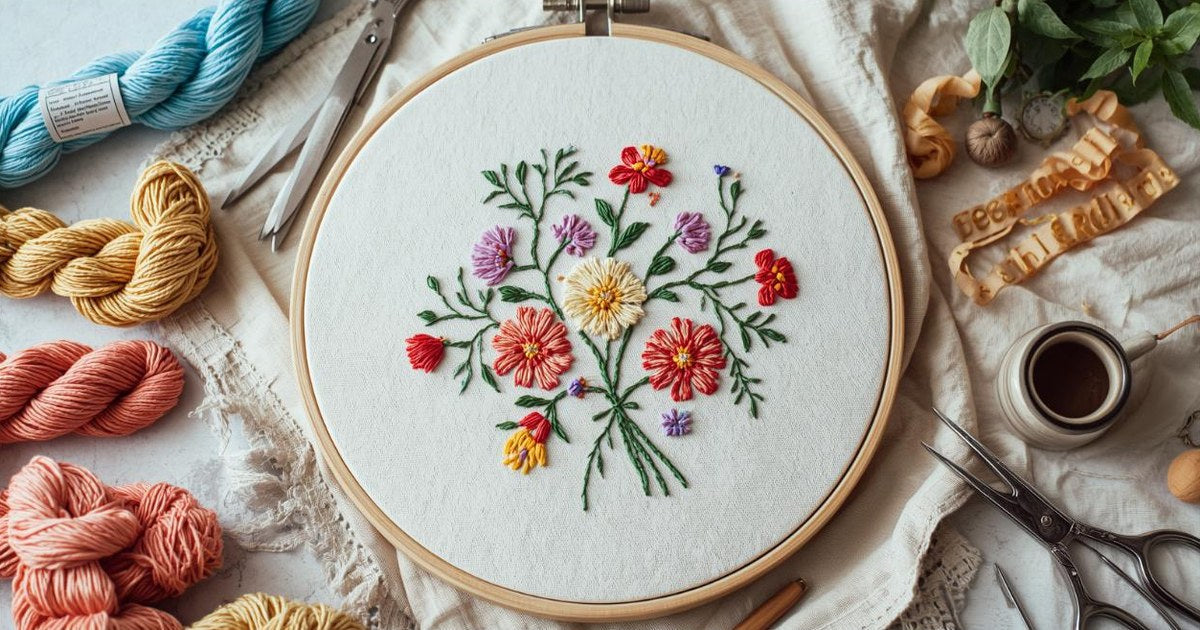 Colorful floral hand embroidery on linen in a wooden hoop surrounded by embroidery floss skeins and scissors