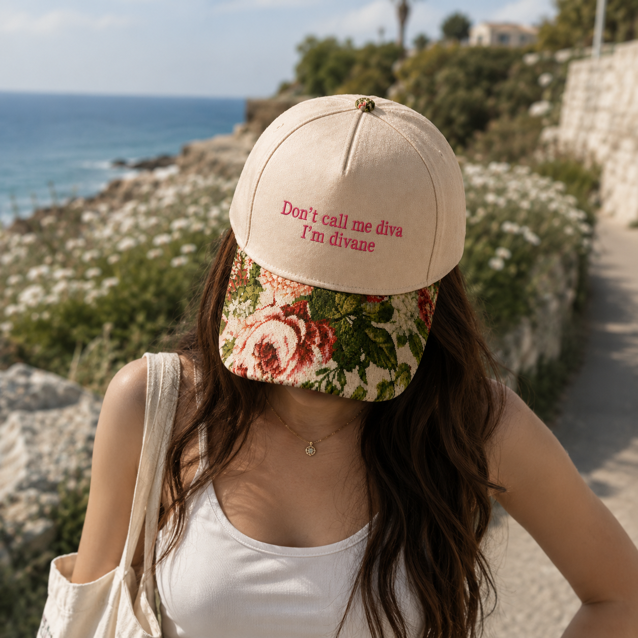 Don't Call Me Diva I'm Divane Embroidered Floral Hat
