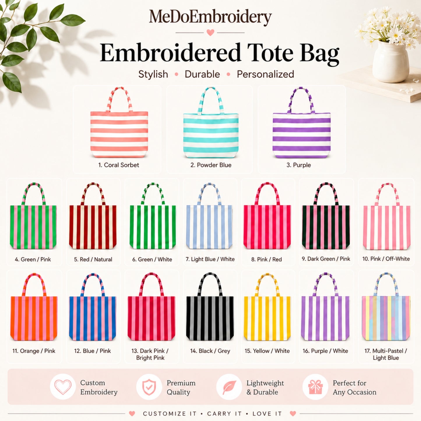 Greek Letters Sorority Embroidered Striped Tote Bag