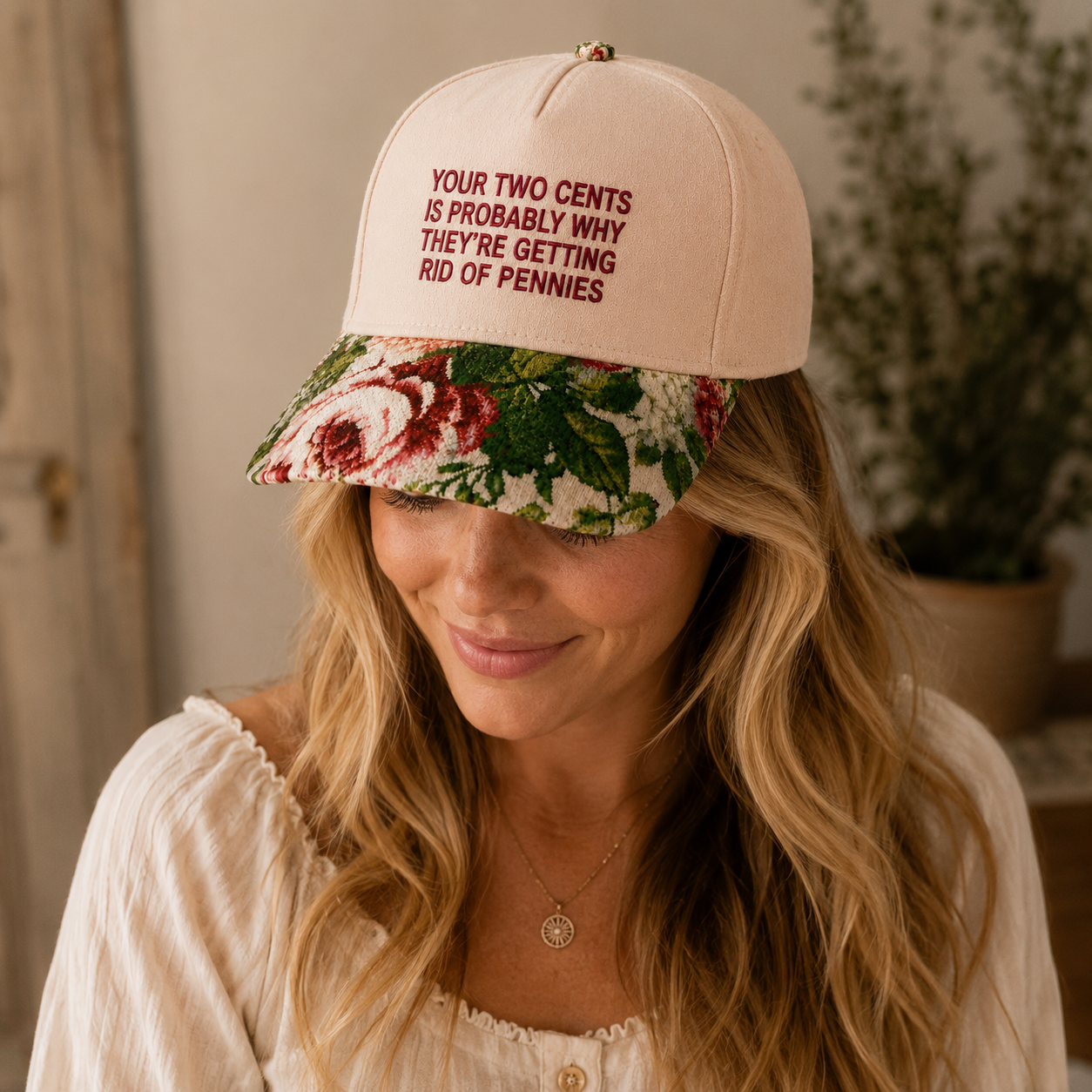Your Two Cents Is Probably Why They're Getting Rid Of Pennies Embroidered Floral Hat