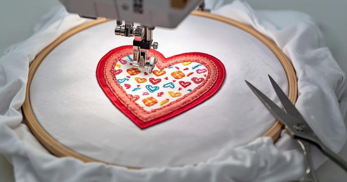 Embroidery machine stitching a satin border around a heart appliqué on white fabric in a hoop