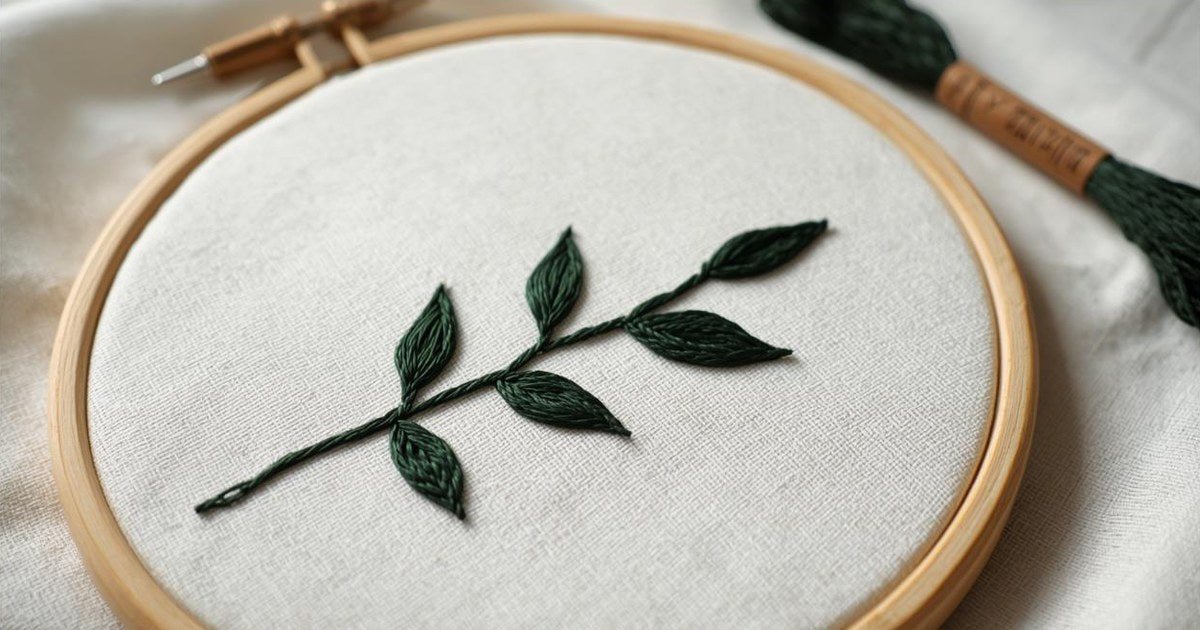 Hand embroidered green leaf branch outlined in backstitch on linen in a wooden embroidery hoop