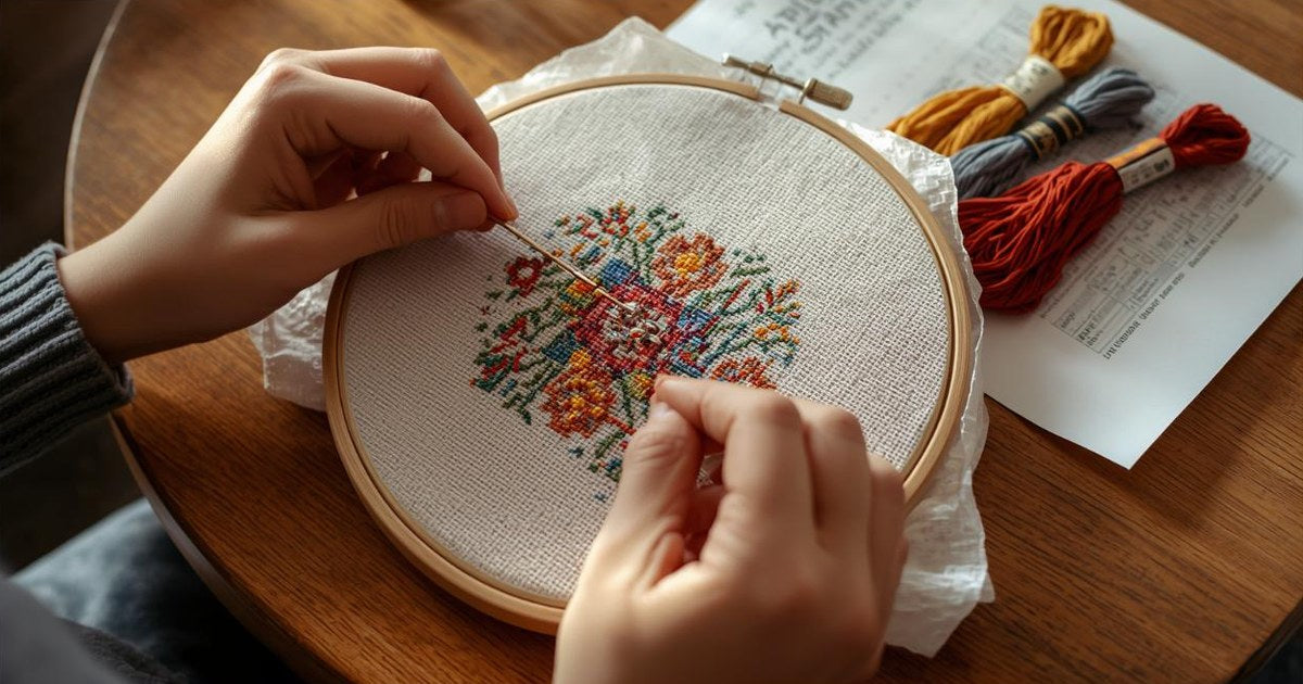 Hands cross stitching a colorful floral pattern on Aida cloth in a wooden embroidery hoop