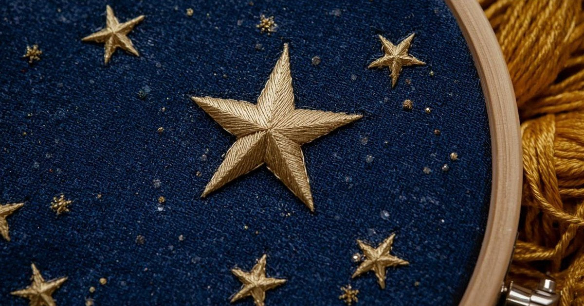 Gold satin-stitch embroidered stars on navy fabric in a wooden embroidery hoop