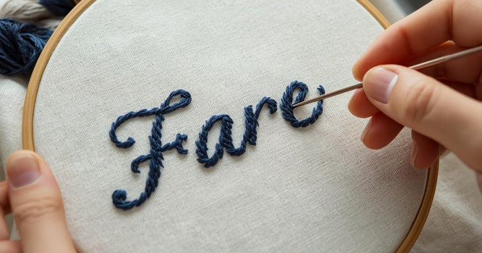 Hand embroidering cursive letters in navy thread on cream linen in a wooden embroidery hoop