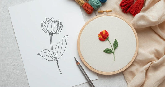 Pencil sketch of a flower embroidery design next to the same flower stitched in a wooden embroidery hoop