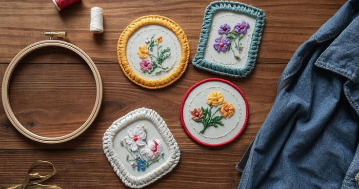 Handmade embroidered patches with satin stitch borders next to an embroidery hoop and denim jacket