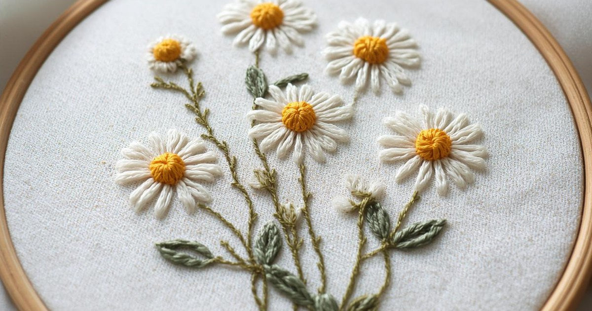 Embroidered white daisies with yellow French knot centers on linen in a wooden embroidery hoop