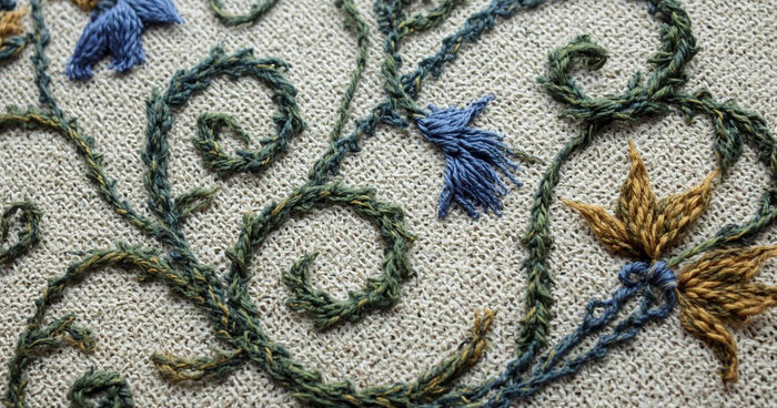 Close-up of crewel embroidery in green, blue and gold wool with curling vines and stylized flowers on linen