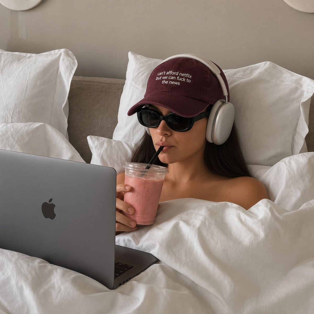 A woman lying in bed under white sheets wears a burgundy baseball cap with white text, white over-ear headphones, and black sunglasses while drinking a pink smoothie and using a gray laptop.