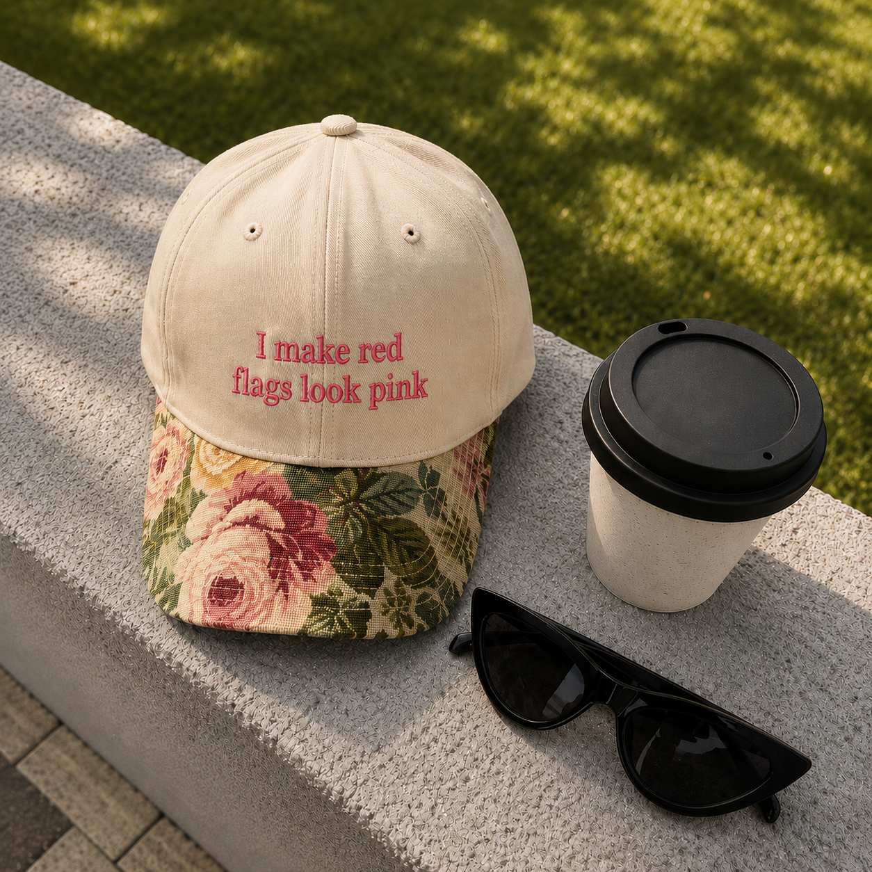 Beige embroidered baseball cap reading 'I make red flags look pink' with a floral brim, placed next to a coffee cup and sunglasses on a stone ledge.