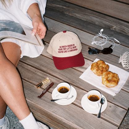 A lifestyle flat-lay on a wooden bench featuring a beige and red baseball cap with the text 'SO MUCH ANGER IN YOUR TINY LITTLE BODY YOU'RE LIKE A CHICKANNA'. The scene is styled with two cups of coffee, croissants, sunglasses, earphones, and a person's legs reading a book.
