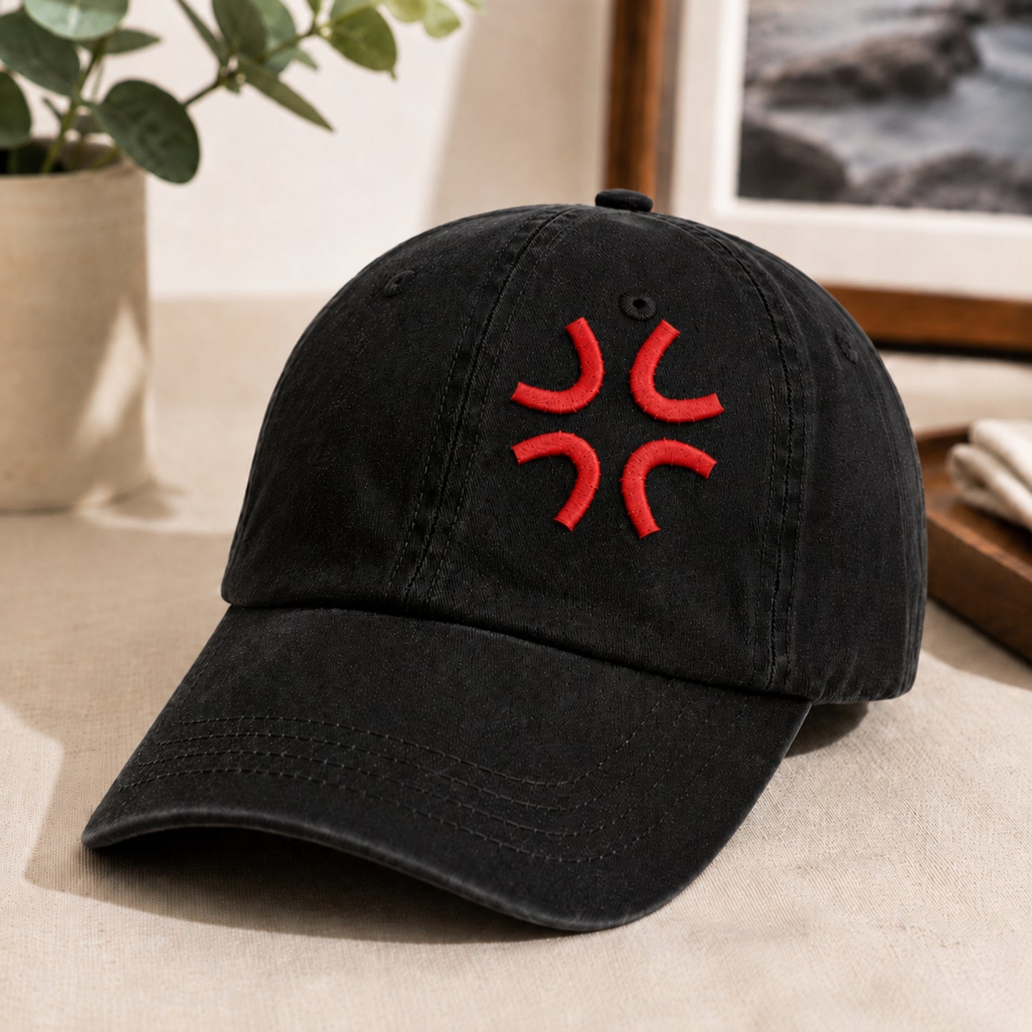 A black washed baseball cap with a red embroidered abstract symbol on the front, displayed on a beige surface with a potted plant and framed picture in the background.