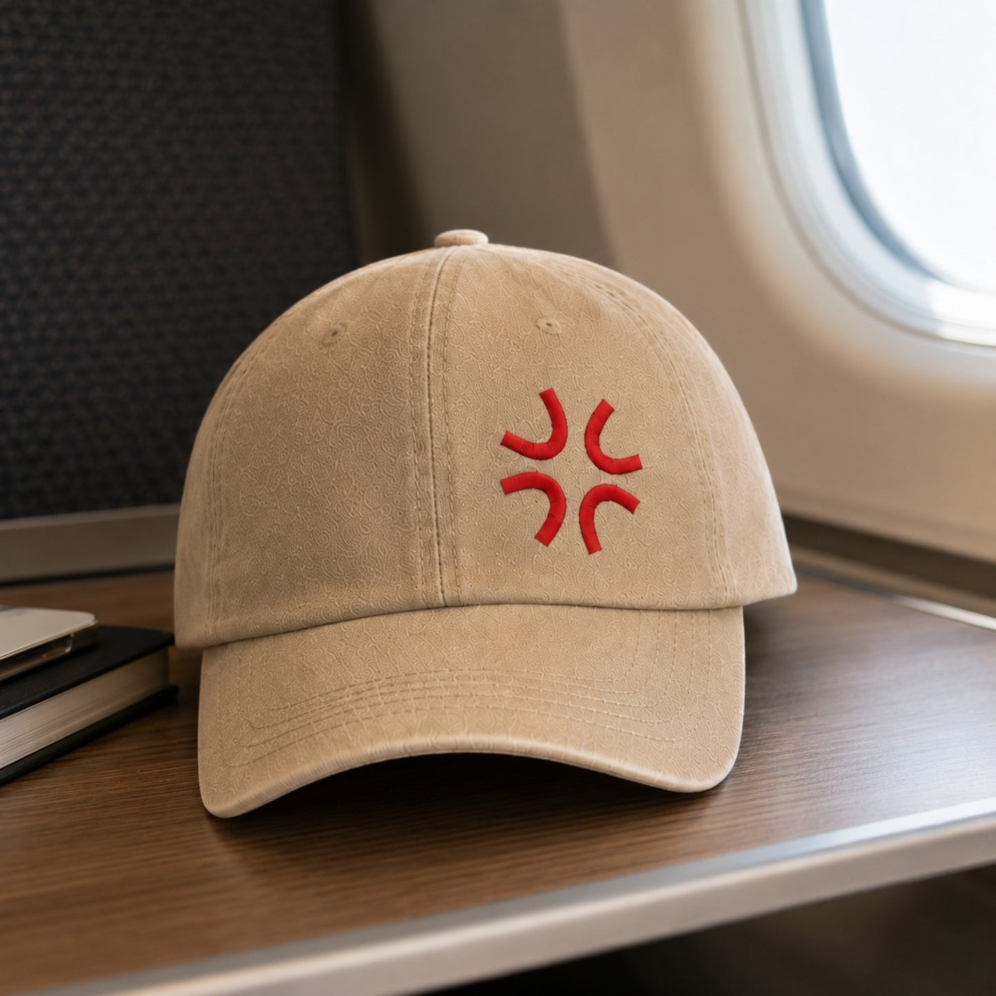 A khaki baseball cap with a red embroidered symbol on the front, resting on a wooden airplane tray table next to an window.