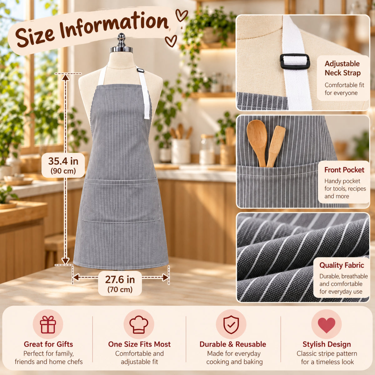A gray and white striped apron displayed on a mannequin in a kitchen-themed setting, with size measurements labeled as 35.4 in by 27.