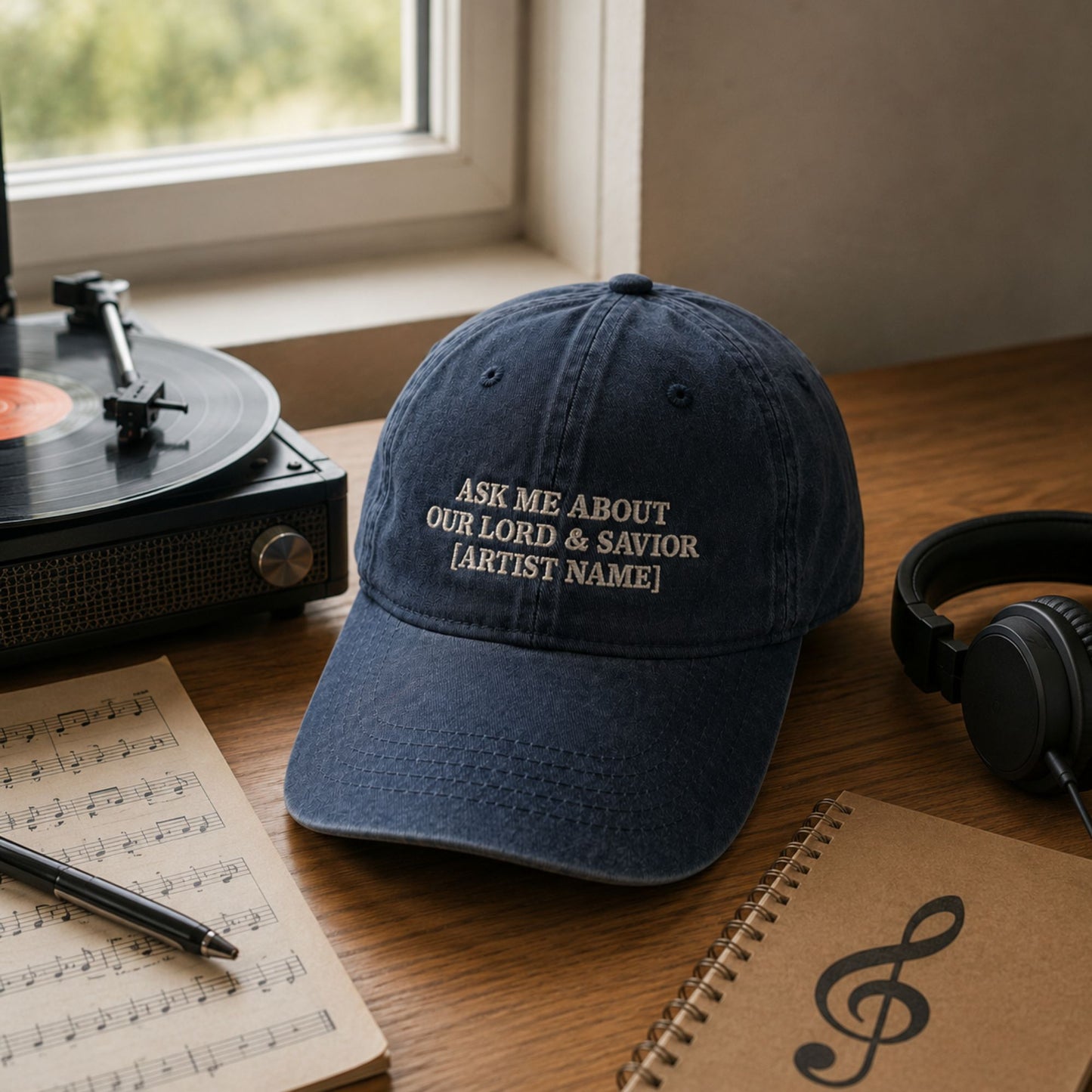 A navy blue baseball cap with white embroidered text reading 'ASK ME ABOUT OUR LORD & SAVIOR [ARTIST NAME]' sits on a wooden table in a music-themed setting, surrounded by a turntable, headphones, sheet music, and a notebook near a window.