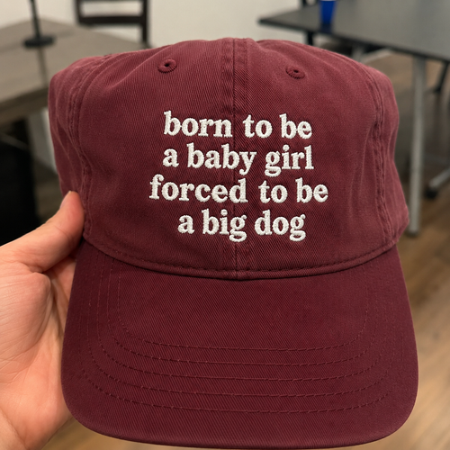 A hand holding a maroon baseball cap with white embroidered text that reads 'born to be a baby girl forced to be a big dog' in a real indoor setting.