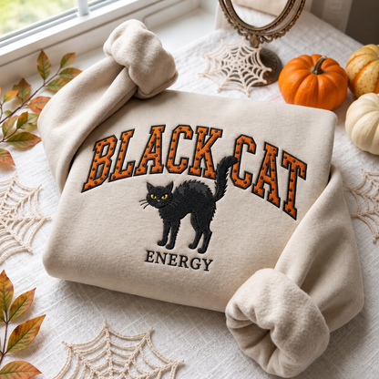 A folded cream-colored sweatshirt with 'BLACK CAT ENERGY' and a black cat graphic, styled on a table with autumn leaves, spiderwebs, pumpkins, and a mirror.