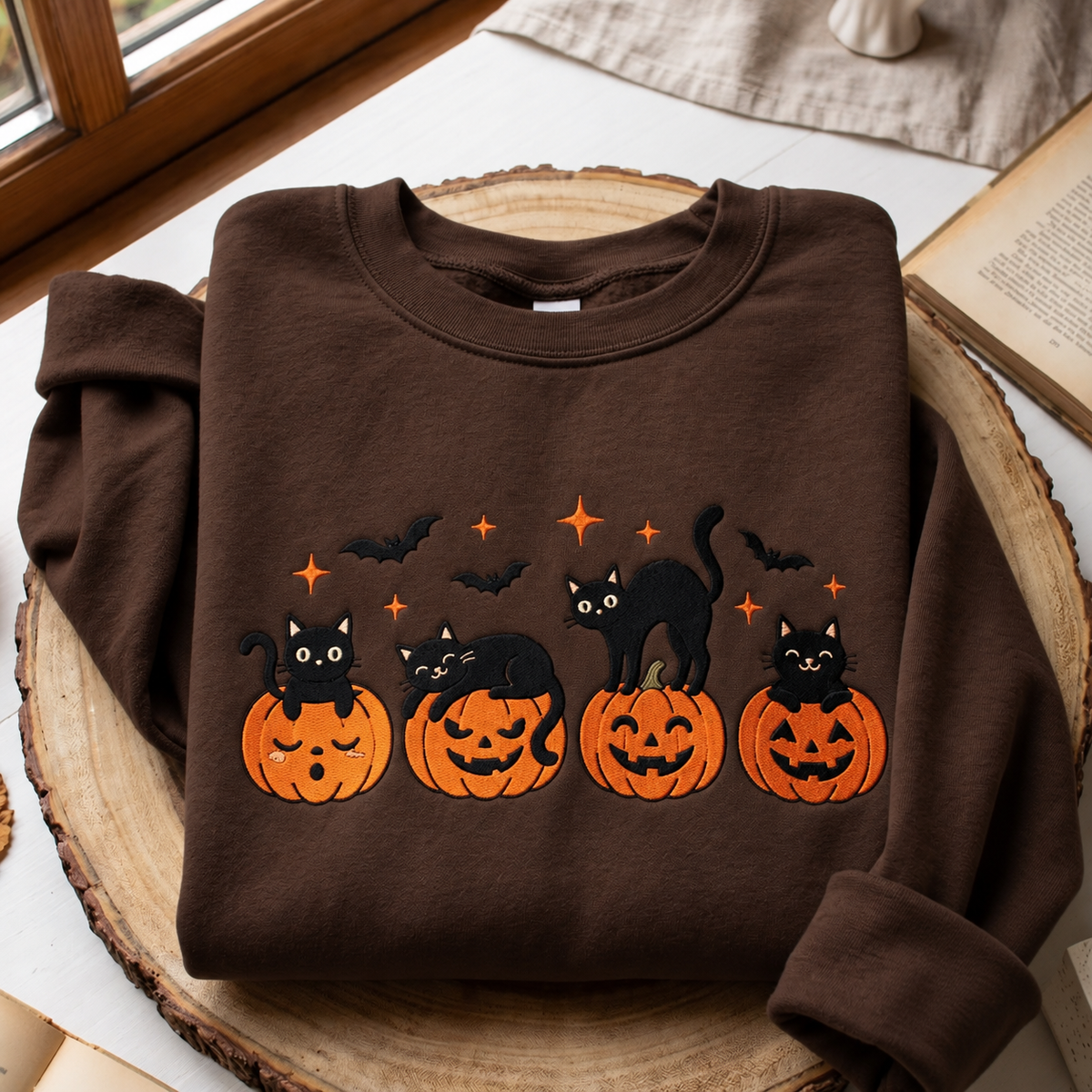 A brown crewneck sweatshirt with a Halloween graphic print of four black cats sitting on orange jack-o'-lantern pumpkins, with small black bats and orange stars, displayed on a rustic wood slice coaster.