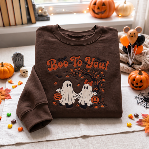 A folded brown sweatshirt with a Halloween graphic reading 'Boo To You!' and two ghost characters, styled on a table with pumpkins, candy, autumn leaves, and spooky props.