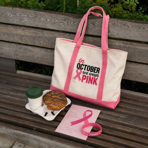 A cream canvas tote bag with pink handles and bottom trim sits on a wooden park bench next to a coffee cup, a pastry, and a pink breast cancer awareness card and wristband. The bag is printed with the text 'in OCTOBER we wear PINK'.