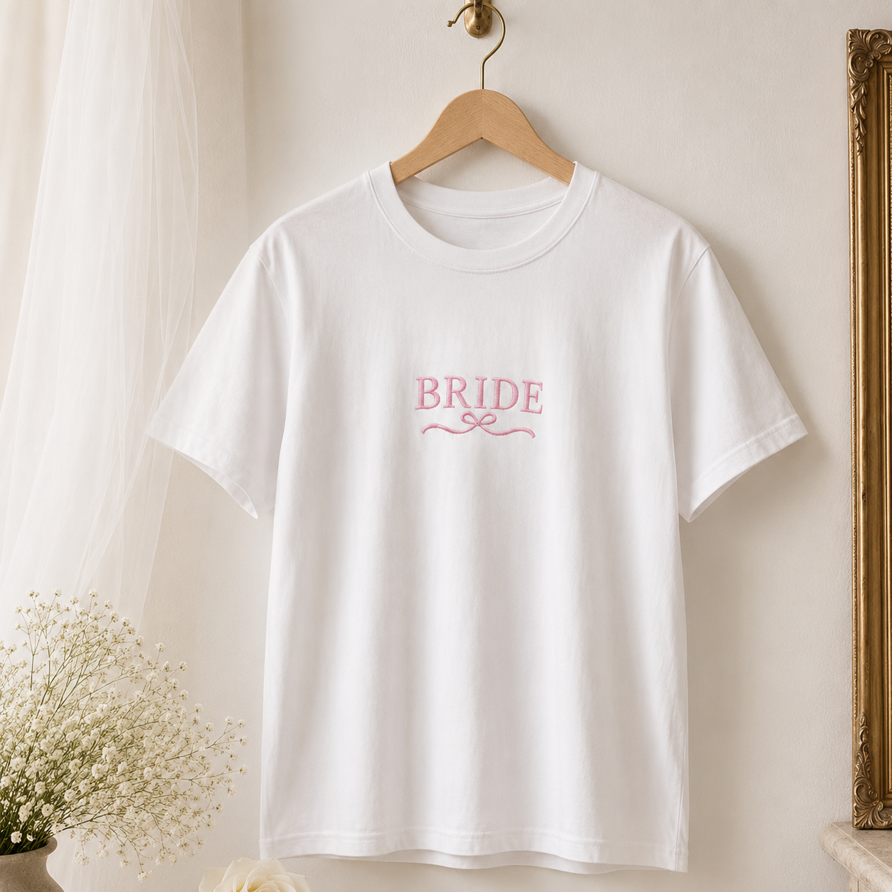 white bride embroidered t-shirt with pink script and bow design hanging on a wooden hanger beside white flowers - perfect bridal shirt for wedding morning, bachelorette party, or bride-to-be gift.