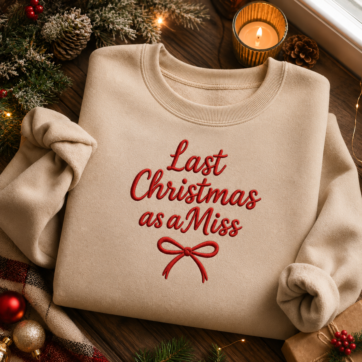 Beige crewneck sweatshirt embroidered with red text reading "Last Christmas as a Miss" and a red bow, set in a cozy holiday Christmas decor scene.