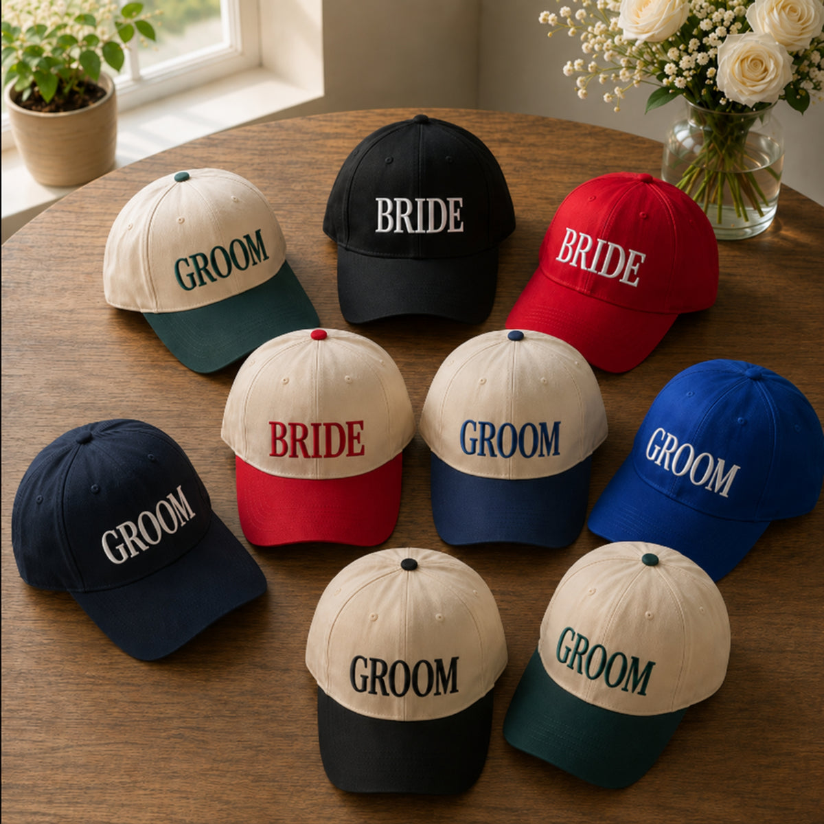 Eight custom baseball caps for bride and groom couples are arranged on a wooden table. The caps come in various color combinations of cream, navy, red, blue, and green, with 'BRIDE' or 'GROOM' embroidered in white, red, or blue on the front.