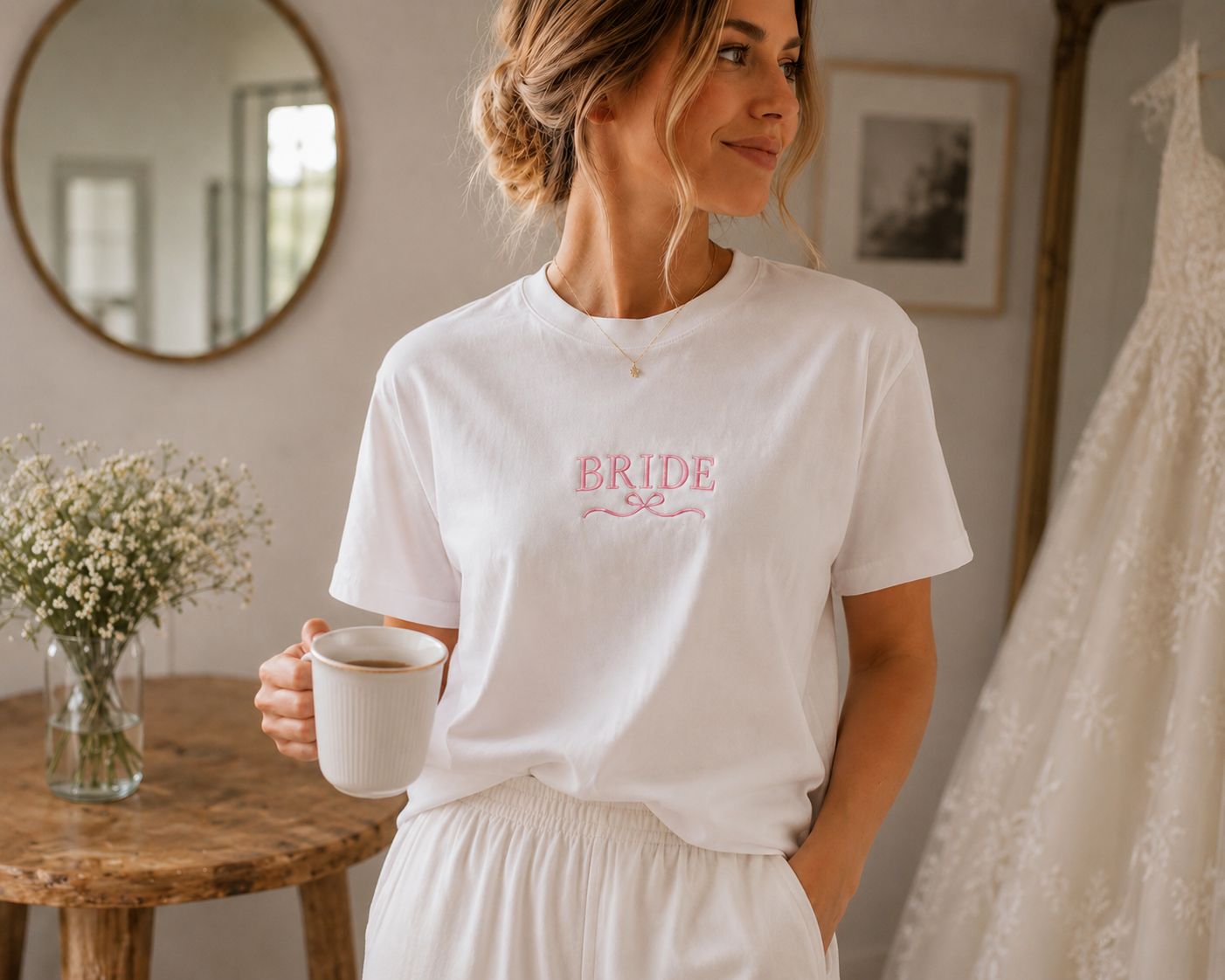 Smiling bride-to-be wearing a white bride embroidered t-shirt with pink script, holding a mug beside a vase of white flowers with a wedding dress visible in the background - ideal lifestyle shot for bridal shirts, wedding morning outfits, bachelorette party apparel, and bride-to-be gifts.
