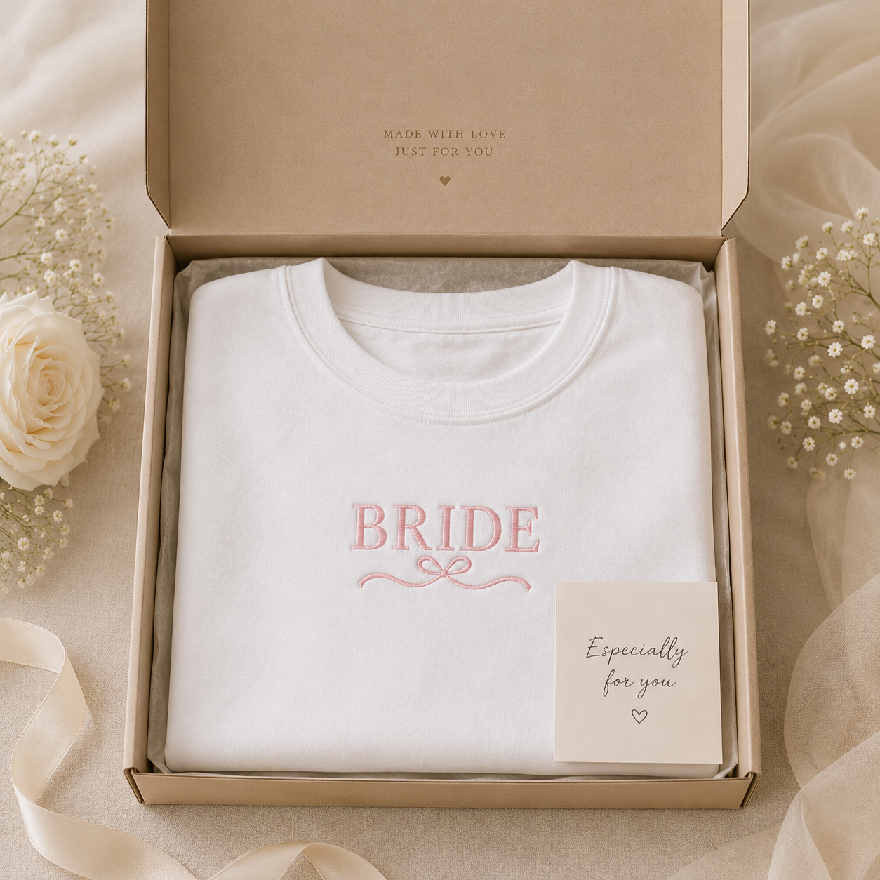 White embroidered Bride sweatshirt neatly folded inside a kraft gift box, featuring elegant pink "BRIDE" embroidery on the chest, a gift card, and decorative white roses.