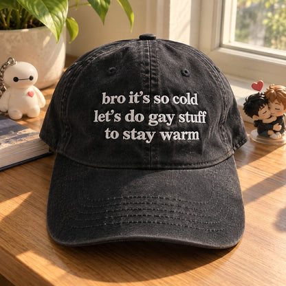 A black washed baseball cap with white embroidered text reading 'bro it's so cold let's do gay stuff to stay warm' sits on a wooden table in a sunlit room with plants and small figurines in the background.
