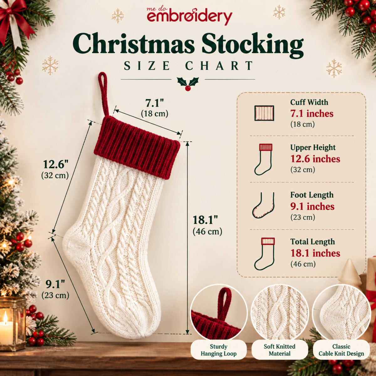 Christmas stocking size chart graphic showing a white cable-knit Christmas stocking with a dark red cuff, with dimension lines and measurements for length, cuff width, upper height, foot length, and total length. Decorative holiday imagery appears around the edges, and the embroideryery brand name is visible at the top.