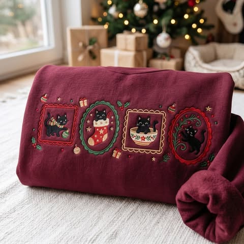 Vintage Christmas Kitty Embroidered Sweatshirt
