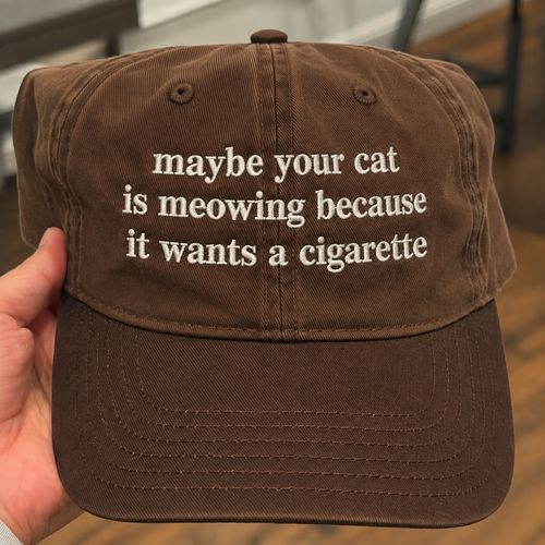 A brown cotton baseball cap held by a hand, featuring white embroidered text that reads 'maybe your cat is meowing because it wants a cigarette'.