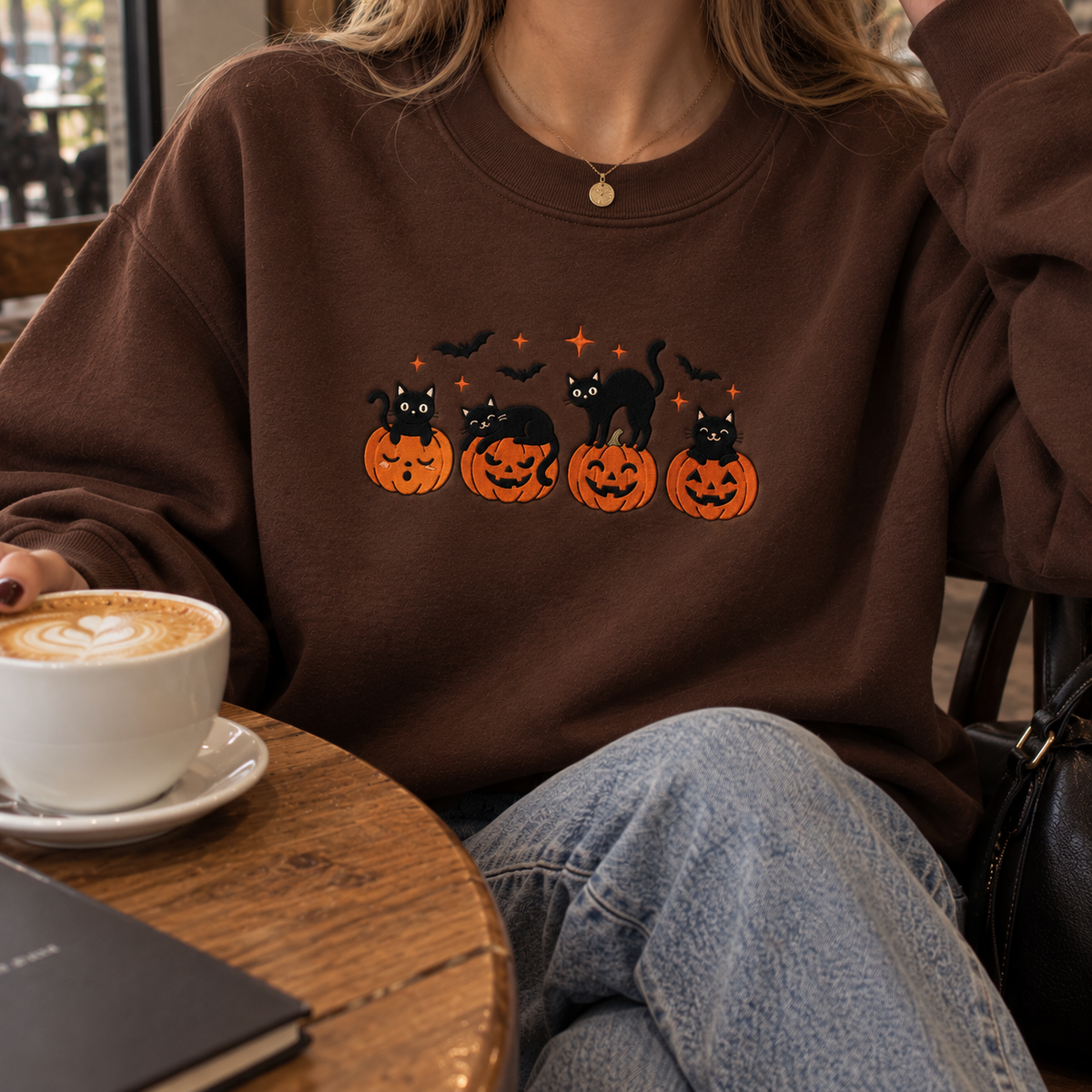 A person wearing a brown sweatshirt with a Halloween graphic of black cats in jack-o'-lanterns, sitting at a wooden table with a cup of latte in a cafe setting.