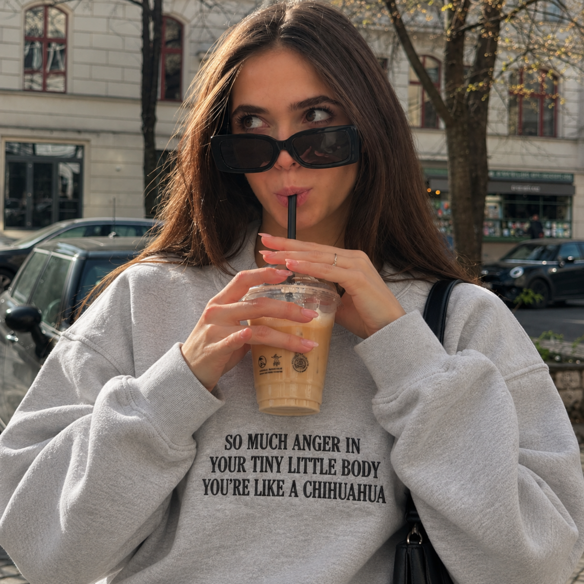 A woman wearing a light gray sweatshirt with a black graphic text print that reads 'SO MUCH ANGER IN YOUR TINY LITTLE BODY YOU'RE LIKE A CHIHUAHUA' while holding an iced coffee outdoors on a city street.