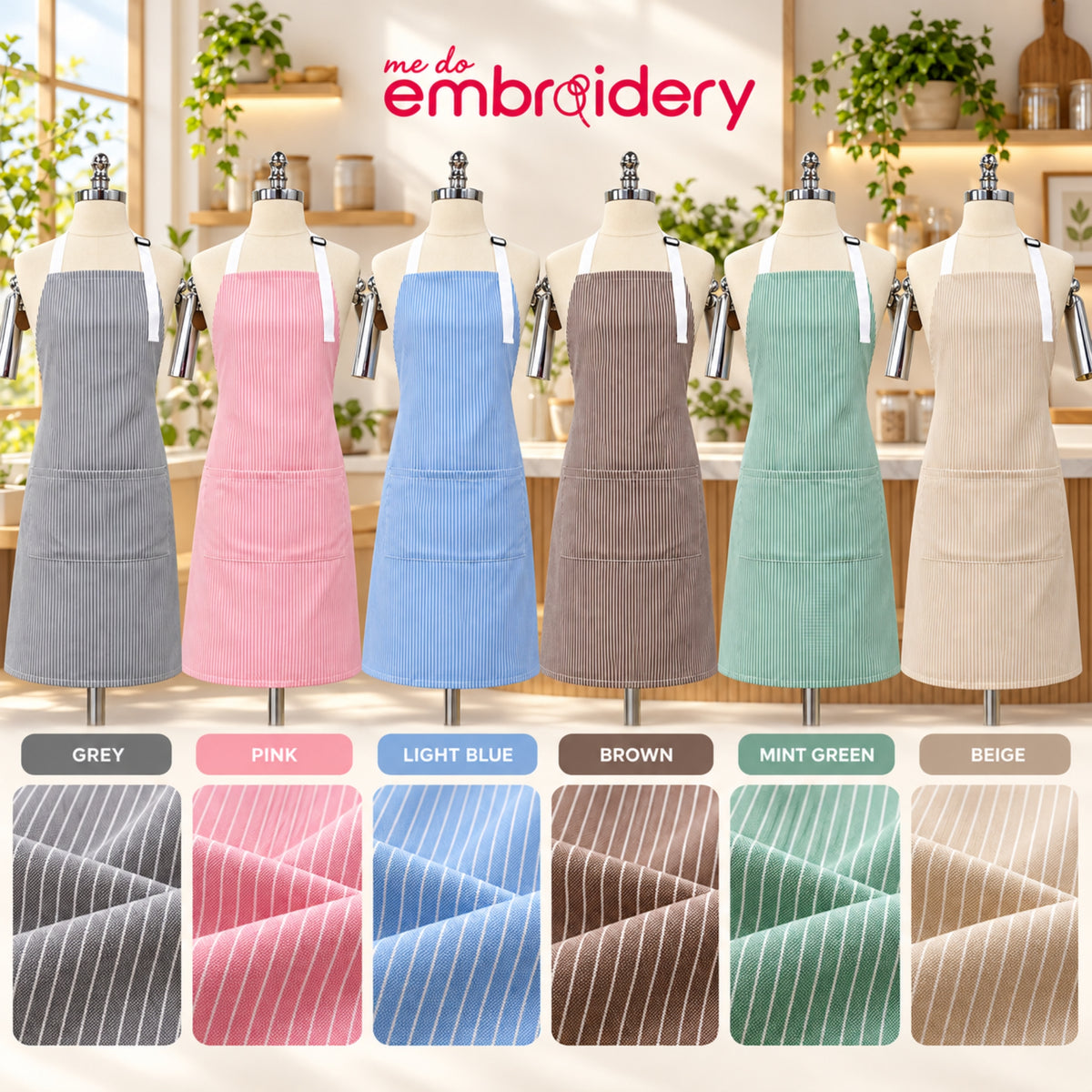 Six aprons in different colors are displayed on dress forms in a bright kitchen-like setting, with the brand name 'me do embroidery' at the top. The aprons are shown in grey, pink, light blue, brown, mint green, and beige, all with a pinstripe pattern.