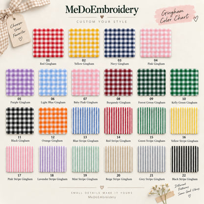 A MeDoEmbroidery Gringham Color Chart displaying 22 different gingham and stripe pattern options in a grid format, with customizable text and a small decorative tag on a white background.