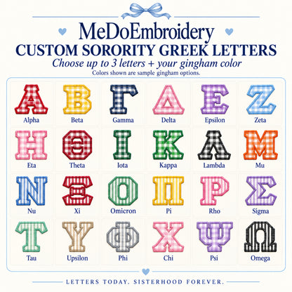 A product information graphic for MeDoEmbroidery custom sorority Greek letters, showing 24 embroidered-style alphabet letters arranged in a grid with sample gingham colors and labels such as Alpha, Beta, Gamma, Delta, Epsilon, Zeta, Eta, Theta, Iota, Kappa, Lambda, Mu, Nu, Xi, Omicron, Pi, Rho, Sigma, Tau, Upsilon, Phi, Chi, Psi, and Omega.