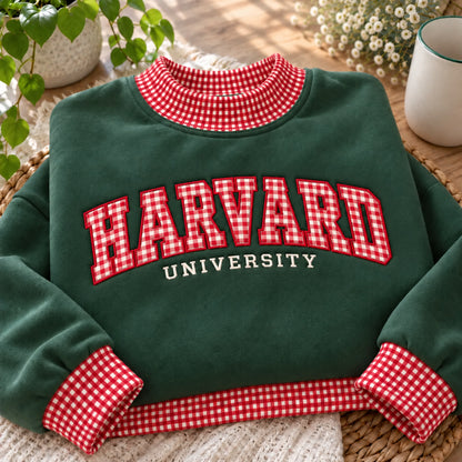 A dark green sweatshirt with red and white gingham trim on the collar, cuffs, and hem, featuring 'HARVARD UNIVERSITY' printed across the chest in red and white gingham letters with white text underneath. The sweatshirt is laid flat on a woven mat with decorative plants and a mug in the background.