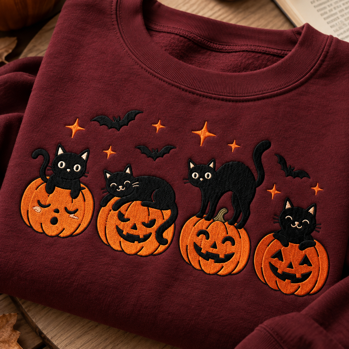 A close-up of a burgundy crewneck sweatshirt featuring embroidered Halloween graphics, including four black cats on orange pumpkins, bats, and stars.