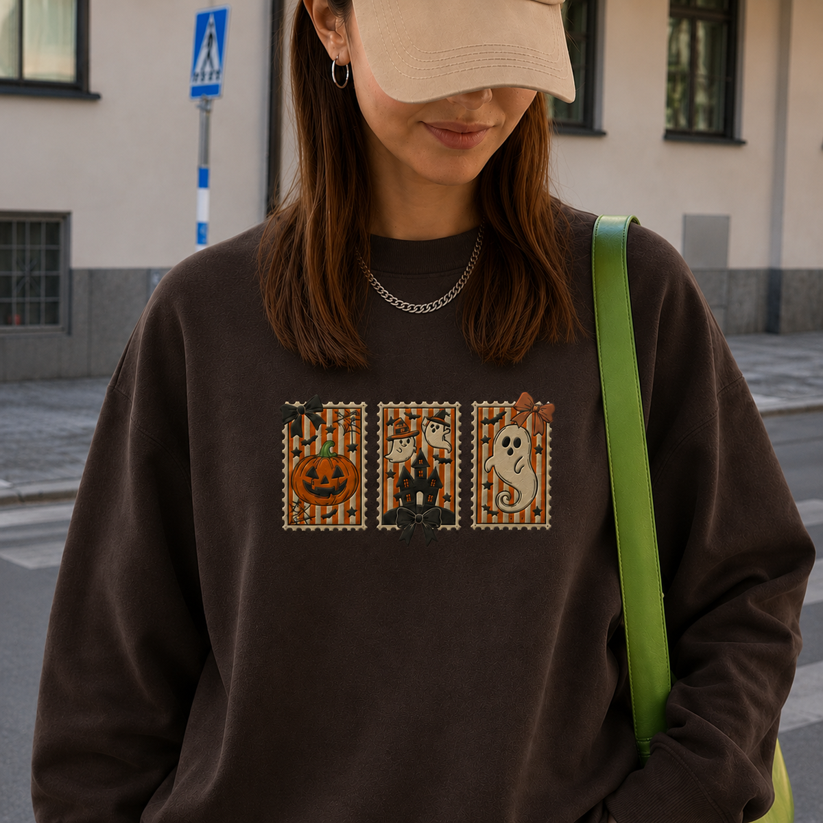 A woman wearing a dark brown crewneck sweatshirt with a Halloween-themed graphic print on the front, styled with a beige baseball cap and a green shoulder bag in an outdoor urban setting.