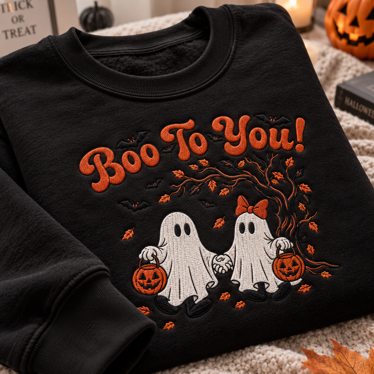 A folded black crewneck sweatshirt featuring a large embroidered Halloween graphic with the text 'Boo To You!', two white ghosts, orange leaves, and jack-o'-lanterns, styled on a cozy beige blanket with pumpkins in the background.